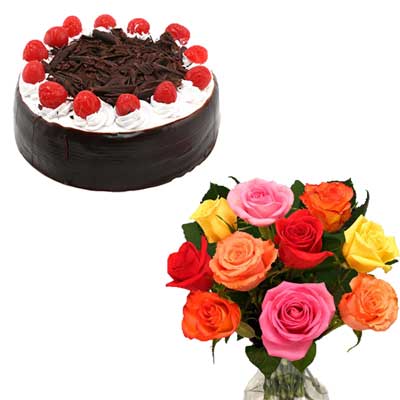 "Round shape black forest cake - half kg + 12 mixed roses flower bunch - Click here to View more details about this Product